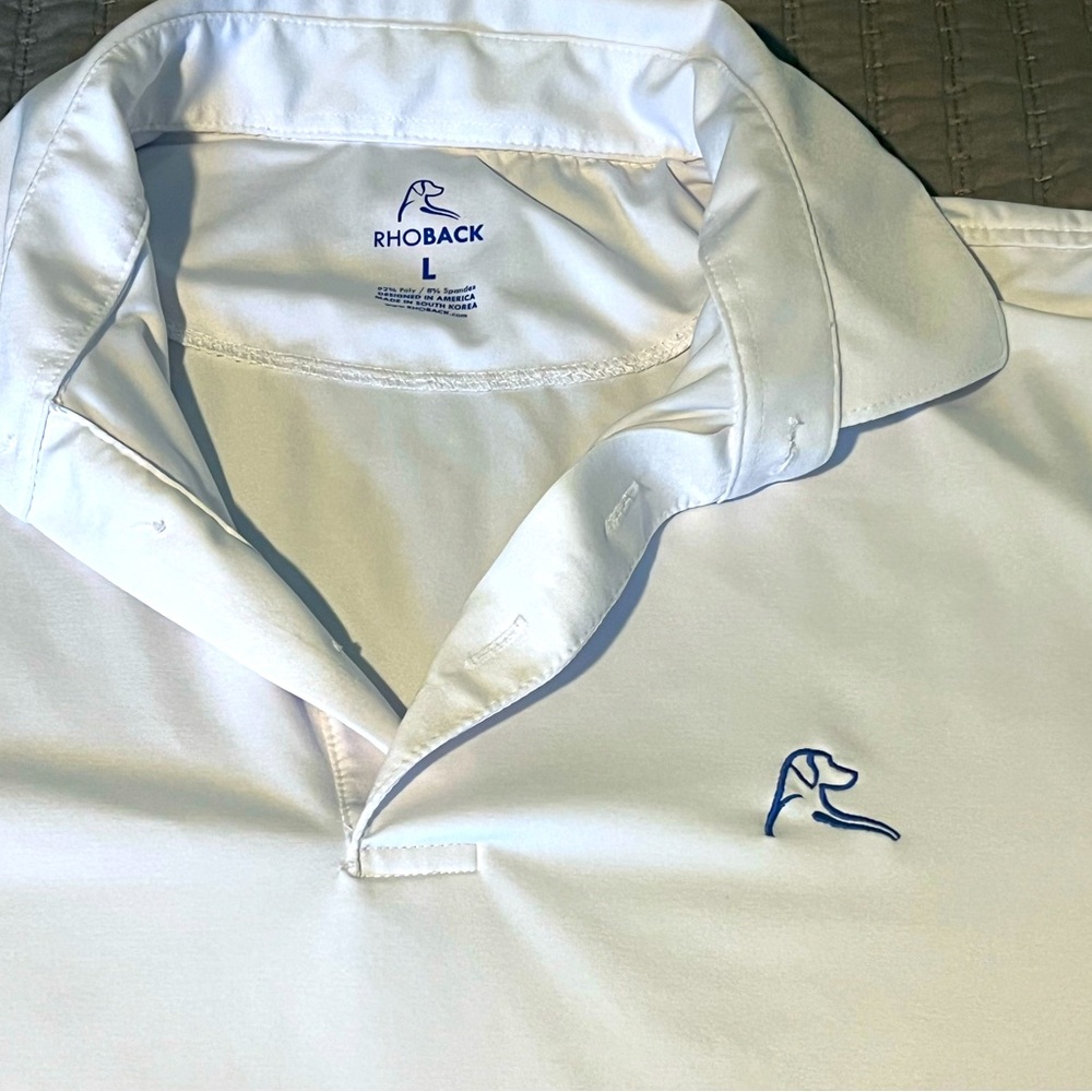 Rhoback Men's Classic White Polo with Blue Logo